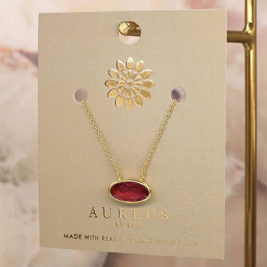 POM - Gold Plated Simple Ellipse Necklace With Pink Glass