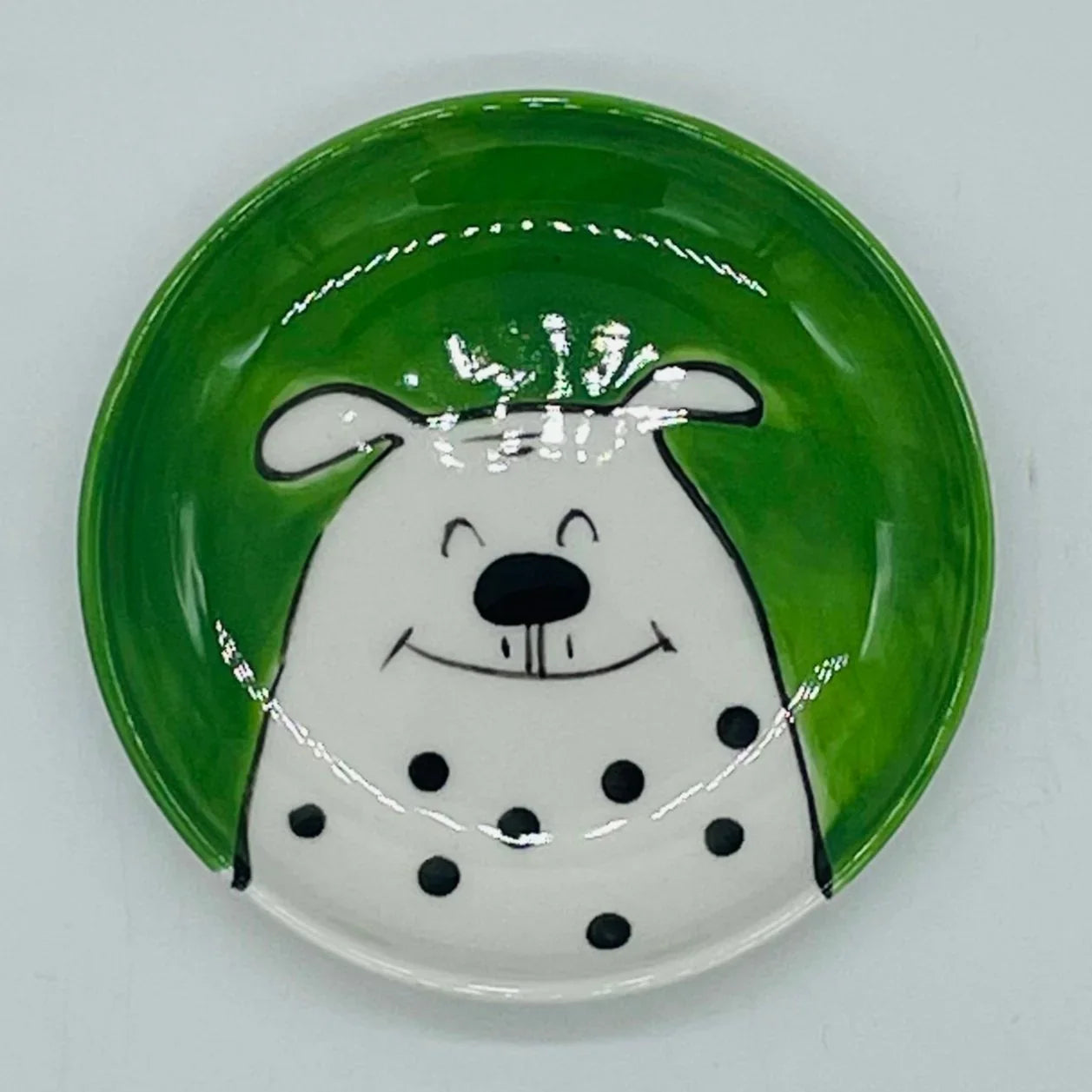 Green Trinket Dish with White Cat