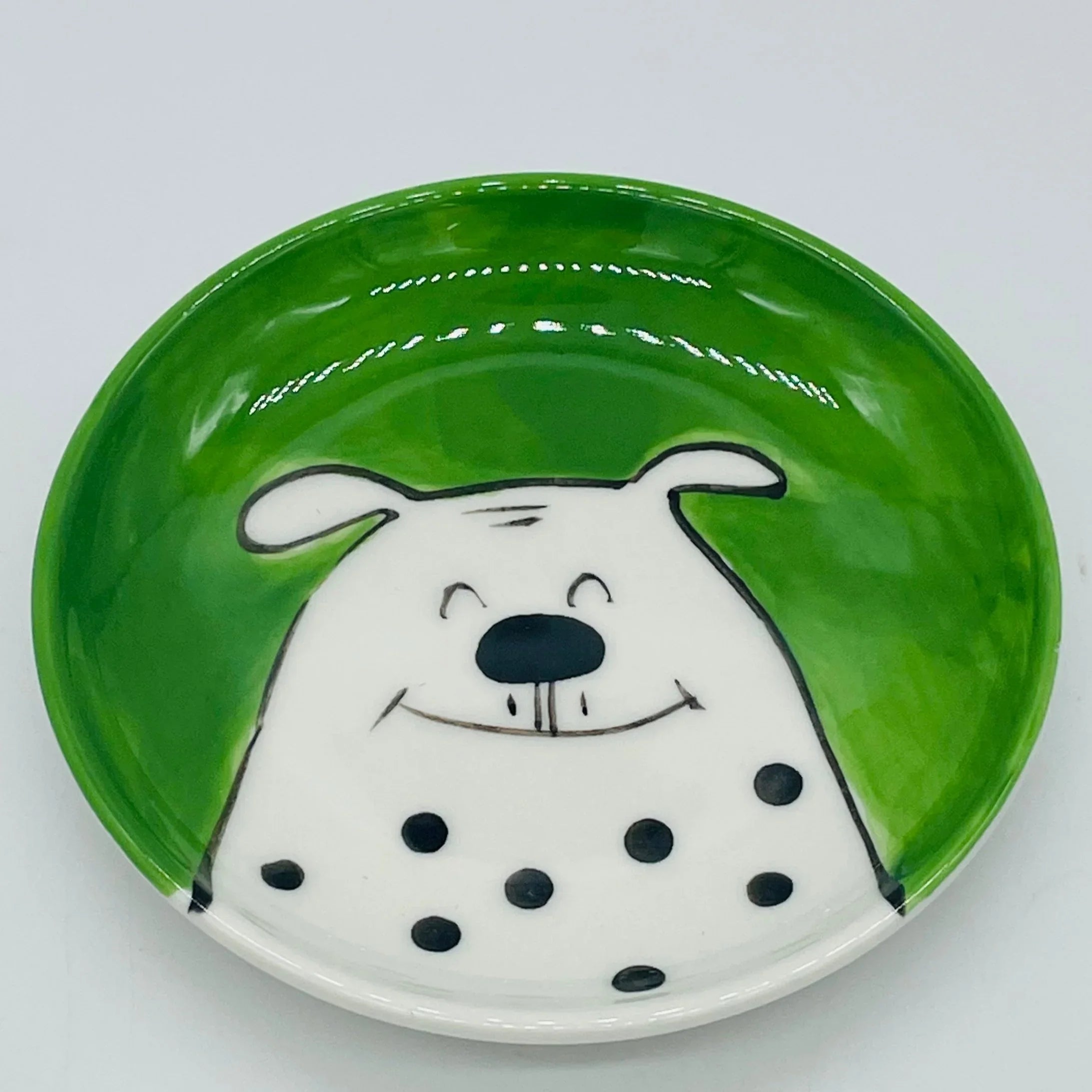 Green Trinket Dish with White Cat