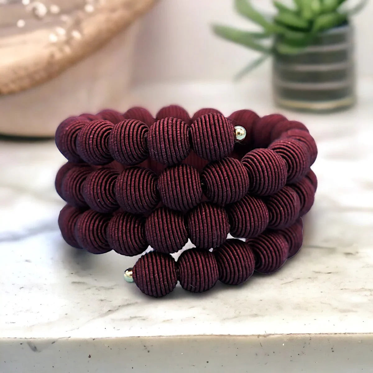 Bordeaux Red Springwire Woven Ball Bracelet