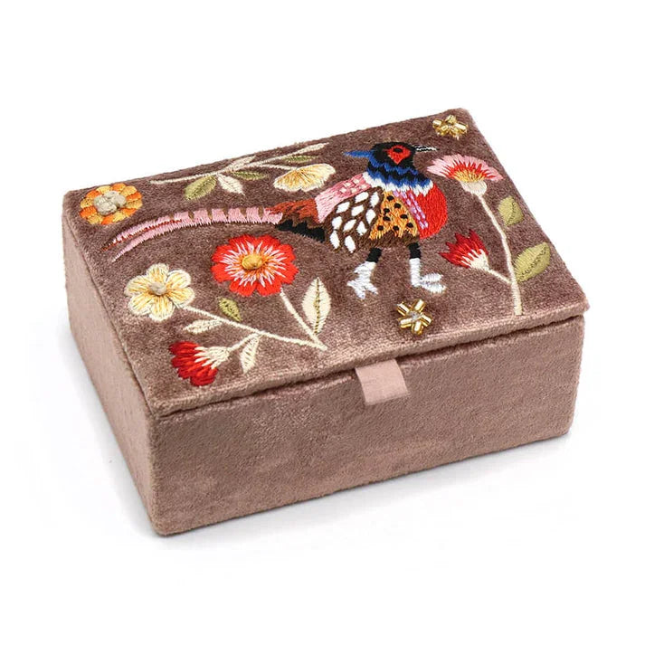 POM - Fawn Embroidered Pheasant Velvet Jewellery Box