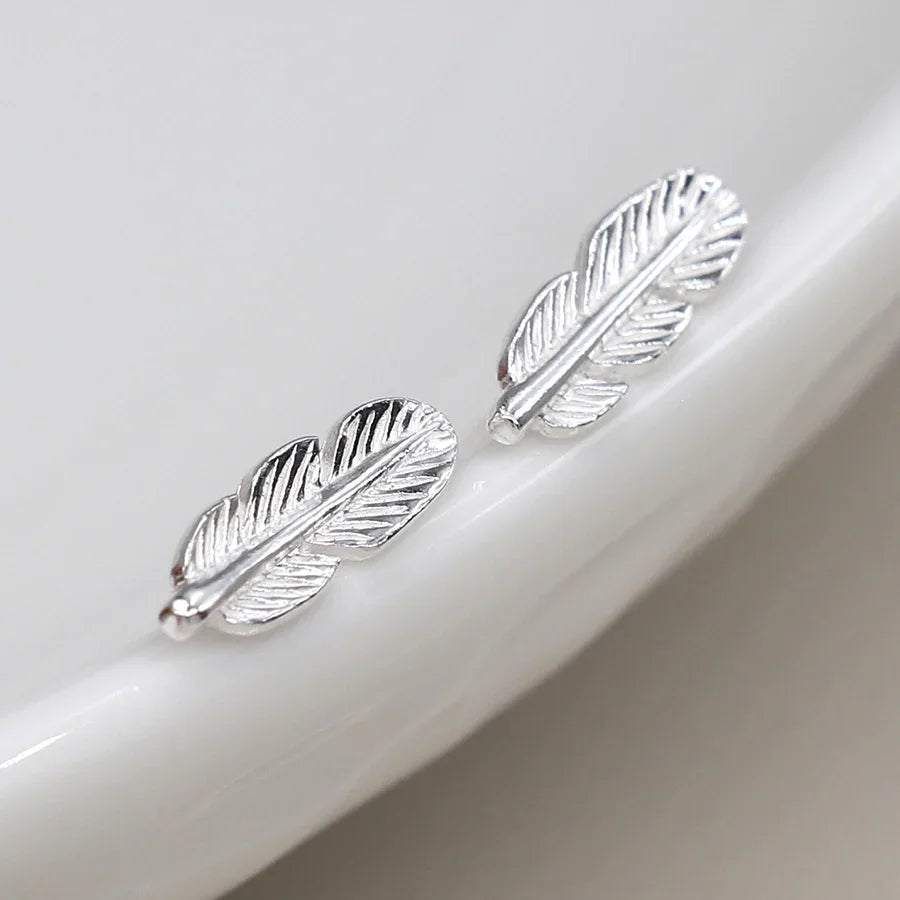 Tiny Sterling Silver Fine Feather Stud Earrings