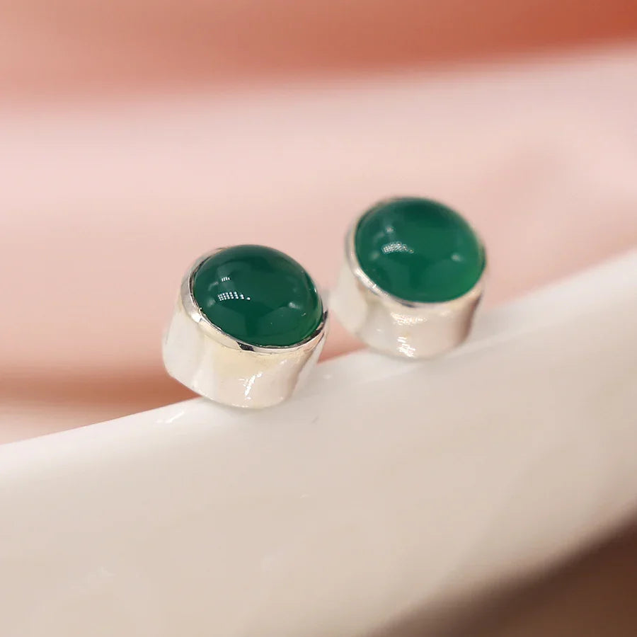 Sterling Silver 6mm Green Onyx Cab Round Stud Earrings