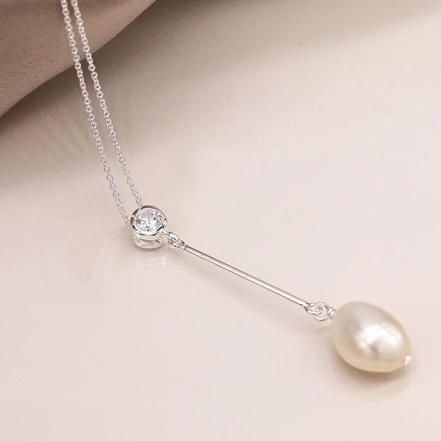 Sterling Silver Crystal & Pearl Drop Necklace