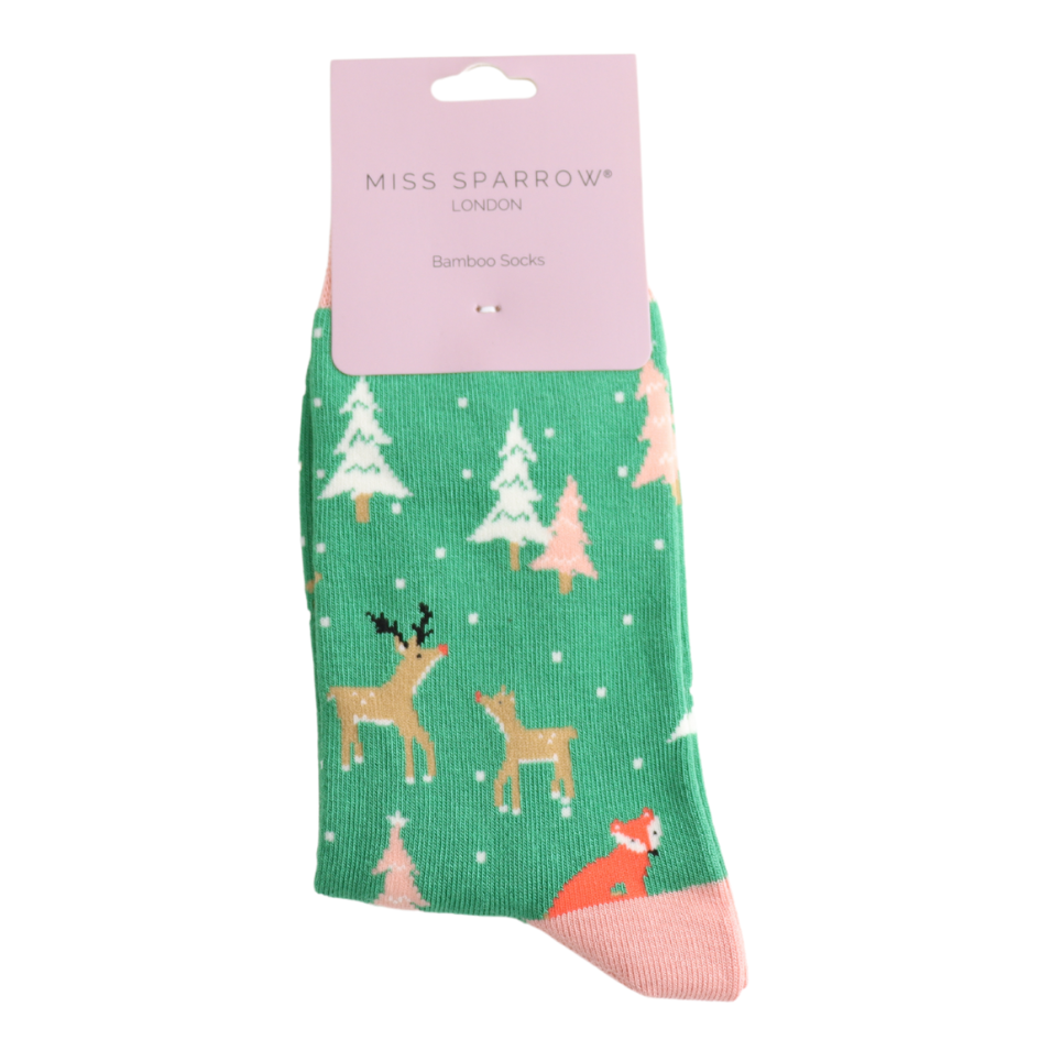Miss Sparrow Festive Foxes Socks Green
