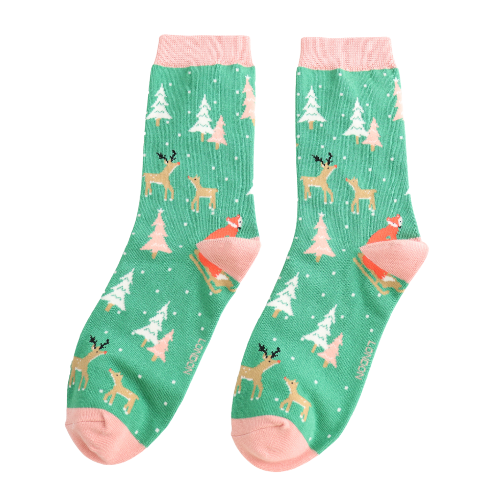 Miss Sparrow Festive Foxes Socks Green