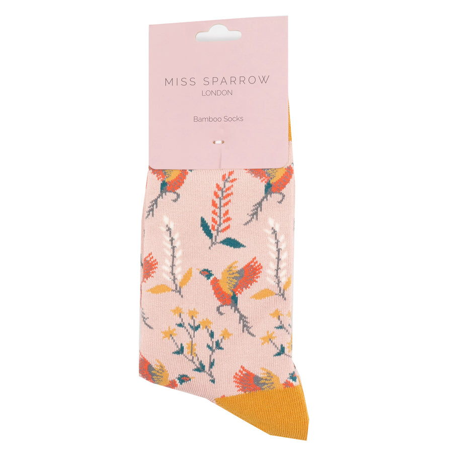 Miss Sparrow Pheasants & Flowers Socks Dusky Pink