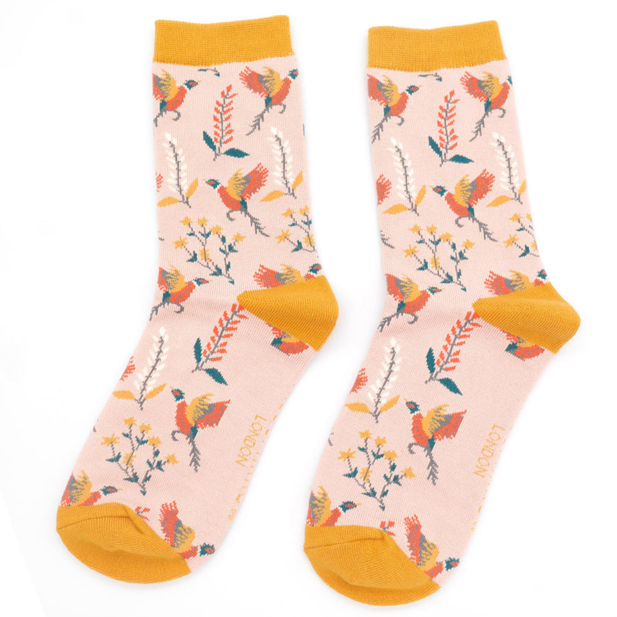 Miss Sparrow Pheasants & Flowers Socks Dusky Pink