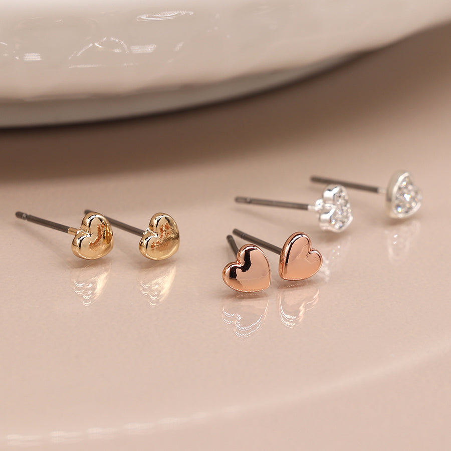 Triple Heart Rose Gold Silver & Crystal Earring Set