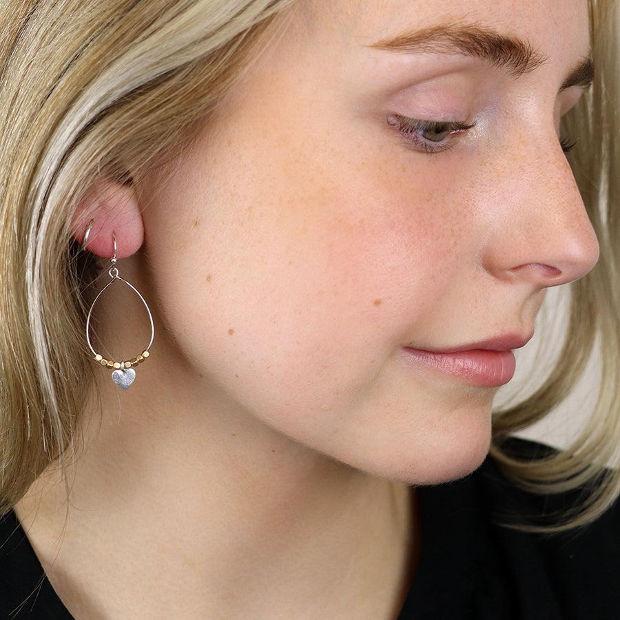 Worn Silver Teardrop Earrings with Golden Beads & Heart