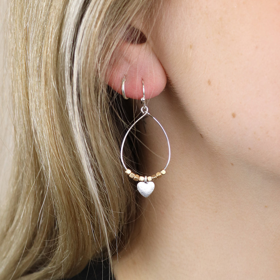 Worn Silver Teardrop Earrings with Golden Beads & Heart