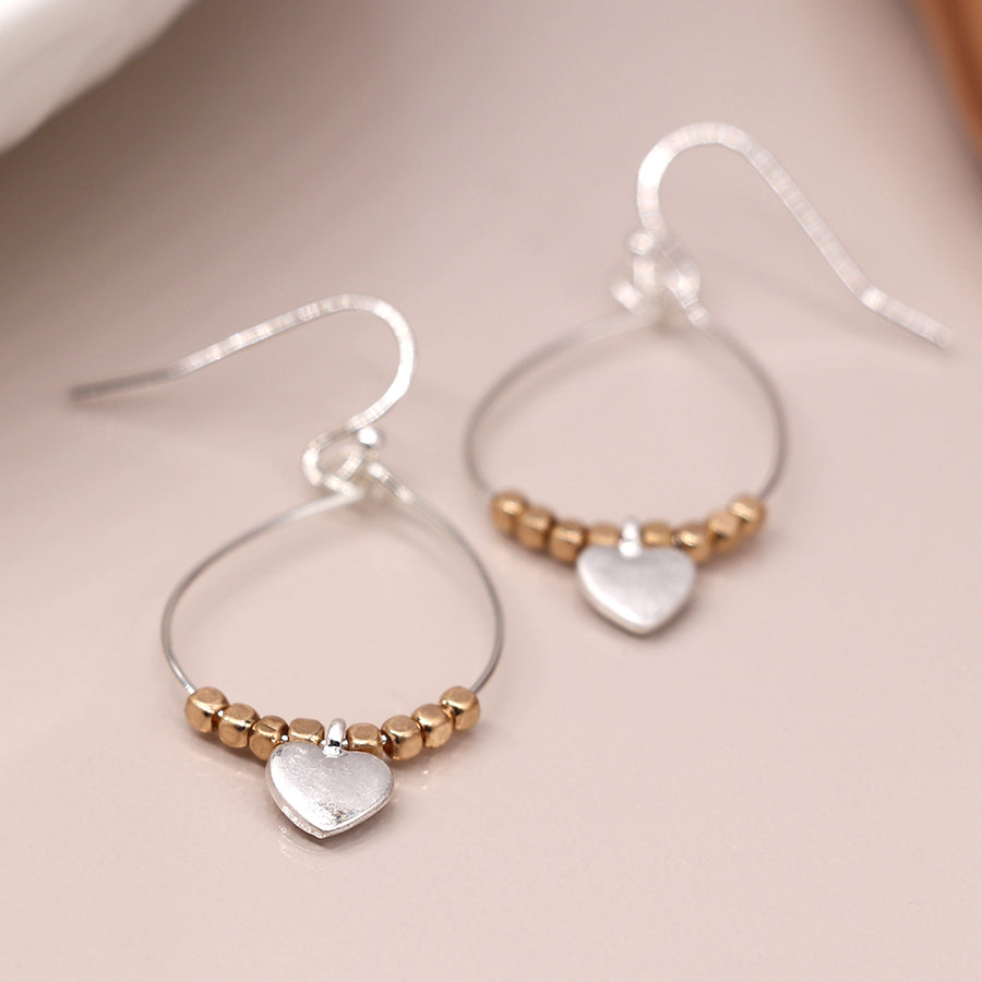 Worn Silver Teardrop Earrings with Golden Beads & Heart