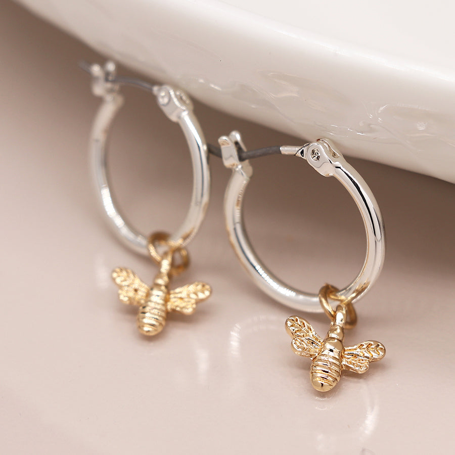 Silver Plated Hoop Earrings with Golden Bee Charm