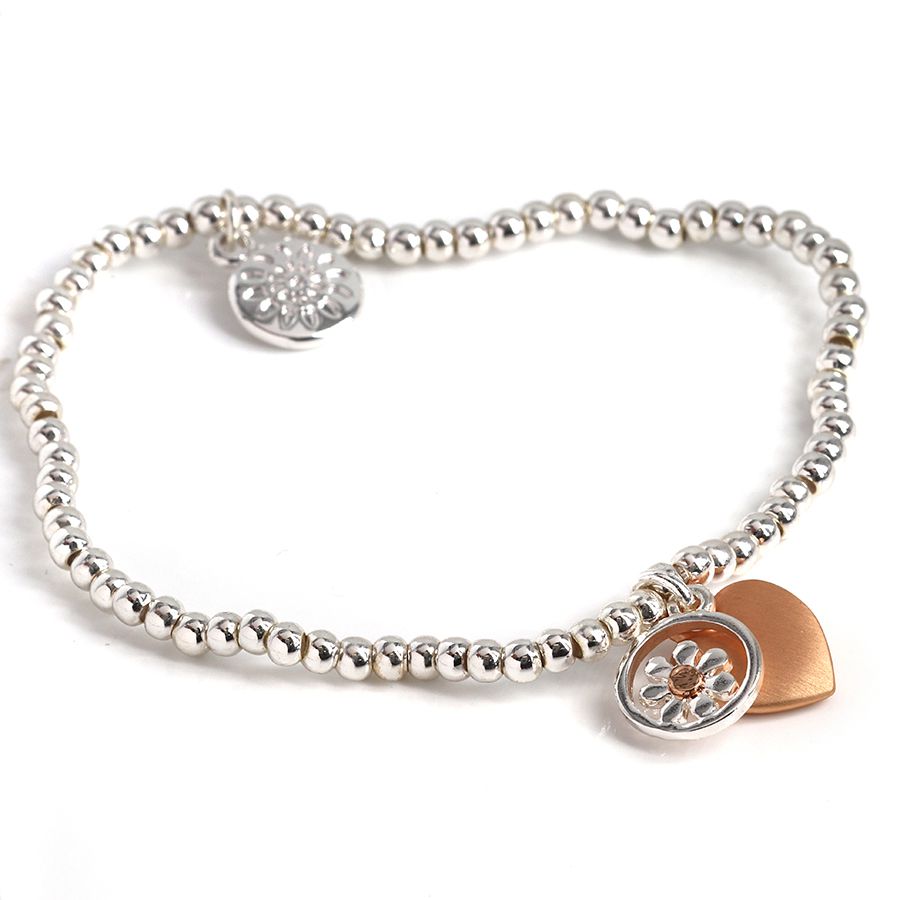 Silver Plated Stretch Bracelet With Daisy & Heart Charms