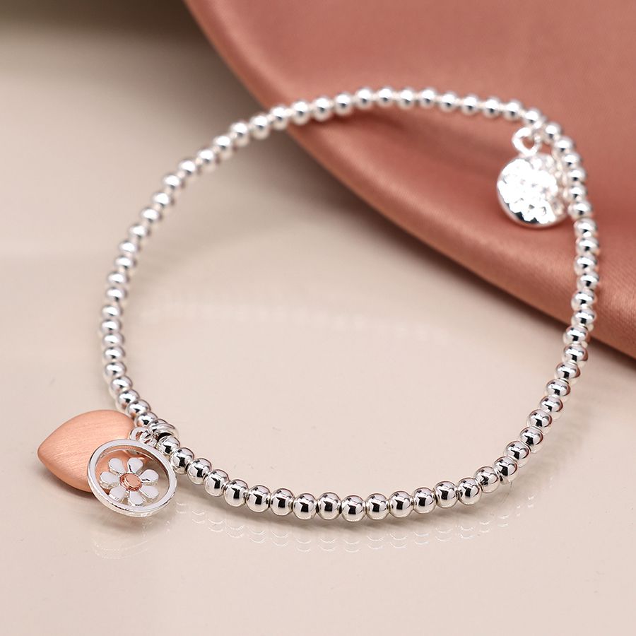 Silver Plated Stretch Bracelet With Daisy & Heart Charms