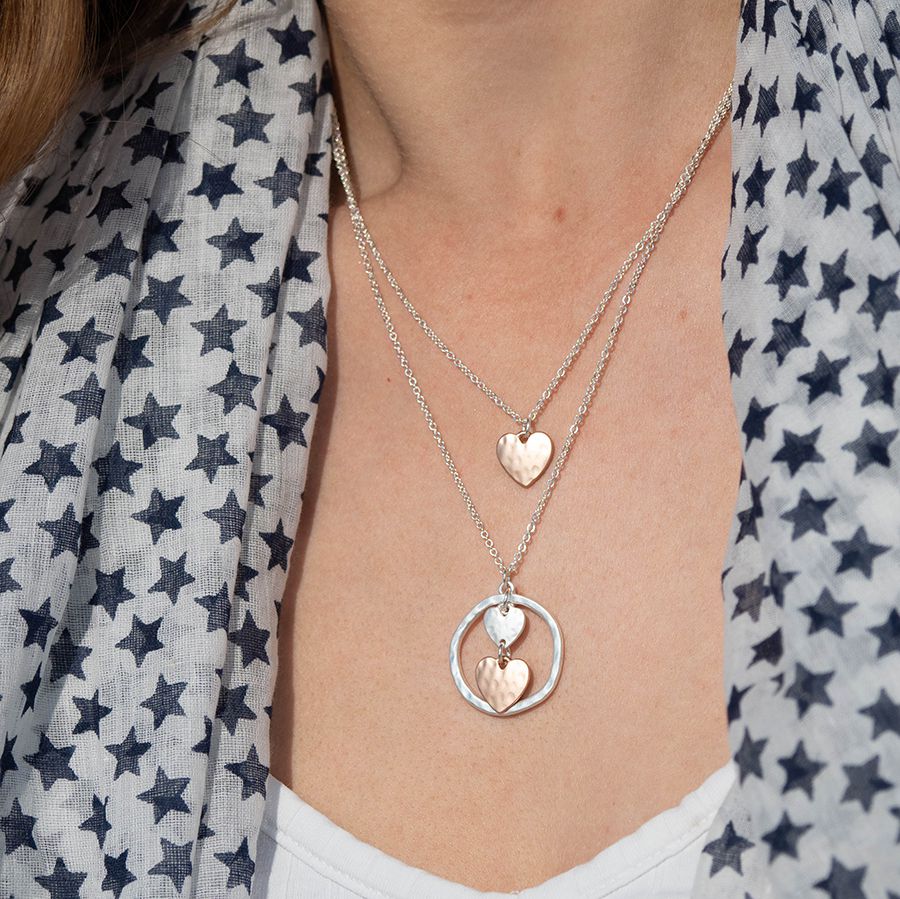 Silver & Rose Gold Triple Heart & Hoop Layer Necklace