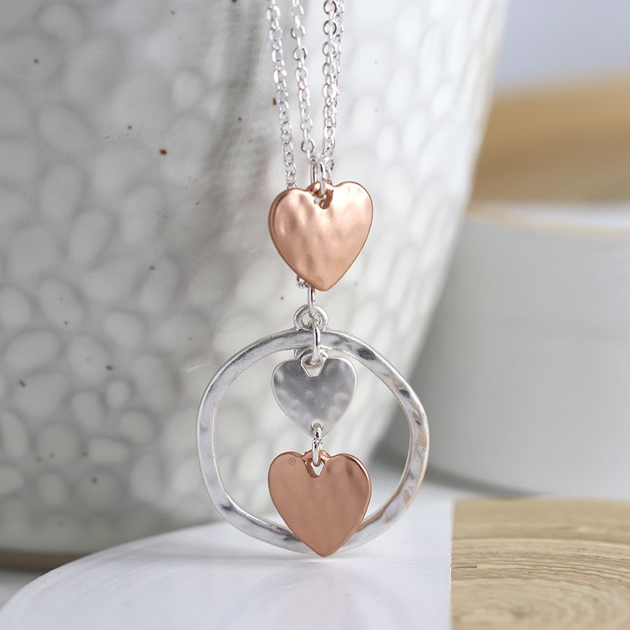 Silver & Rose Gold Triple Heart & Hoop Layer Necklace