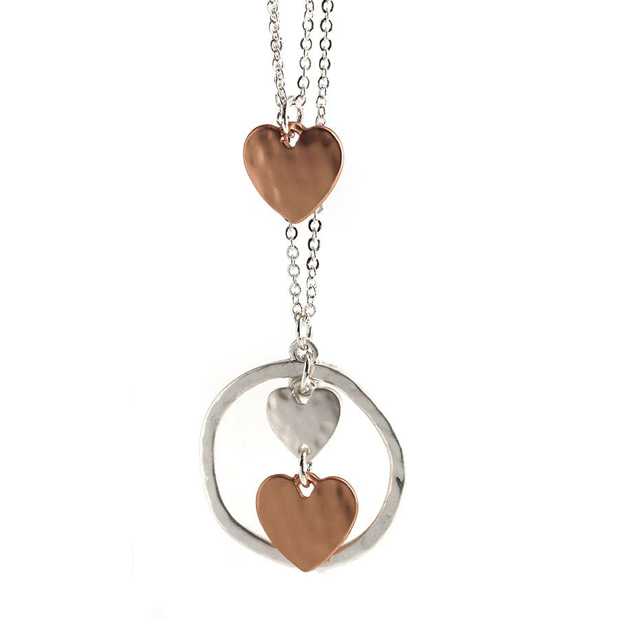 Silver & Rose Gold Triple Heart & Hoop Layer Necklace