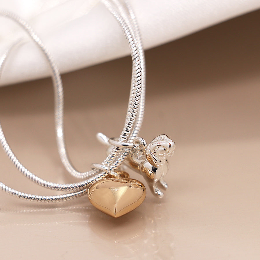 POM - Silver Plated Triple Strand Golden Heart & Dachshund Bracelet