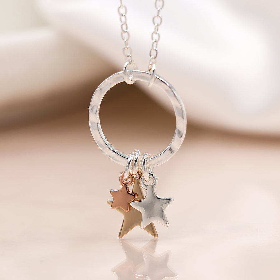 Silver Plated Necklace with Triple Stars & Hammered Hoop