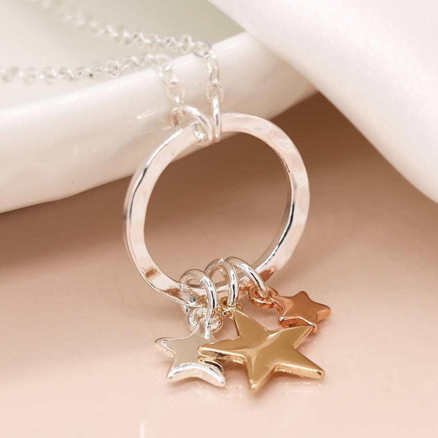 Silver Plated Necklace with Triple Stars & Hammered Hoop