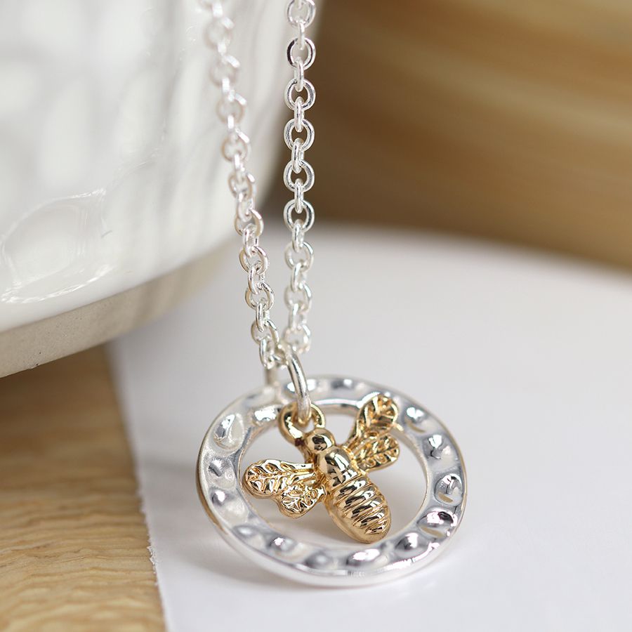 Silver Plated Hammered Hoop & Golden Bee Necklace - 03500