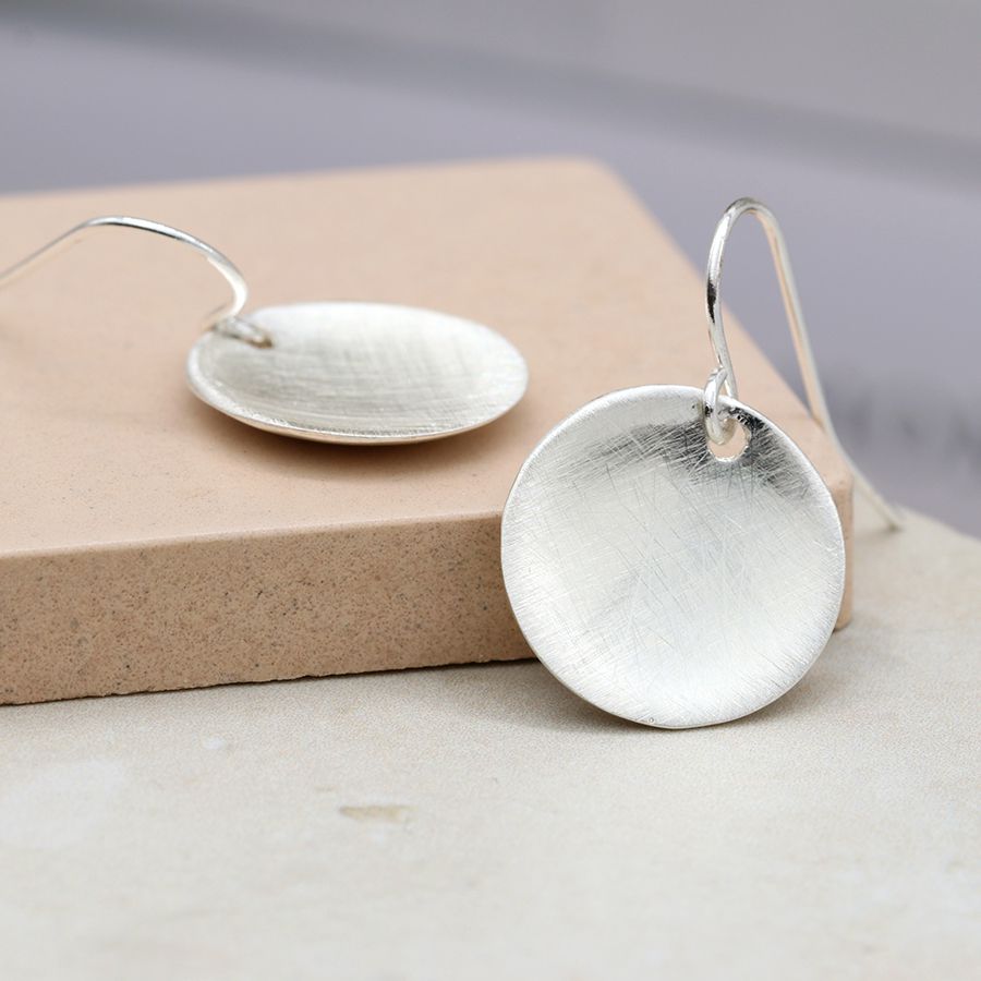 Silver Plated Scratched Concave Disc Earrings