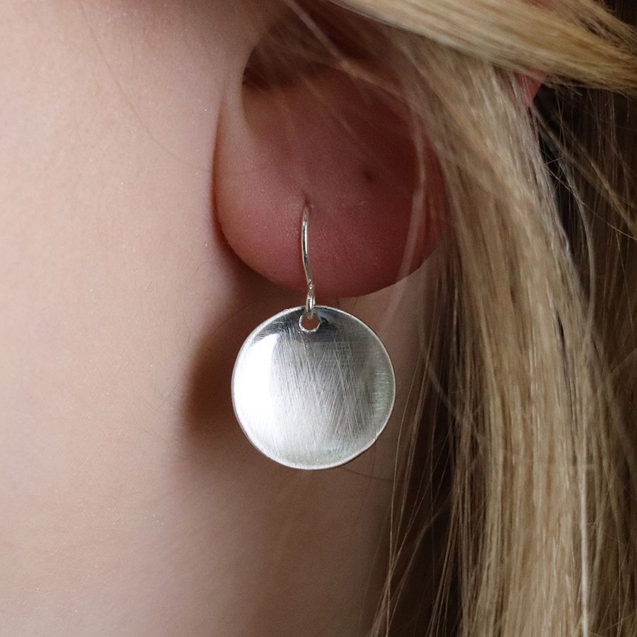 Silver Plated Scratched Concave Disc Earrings
