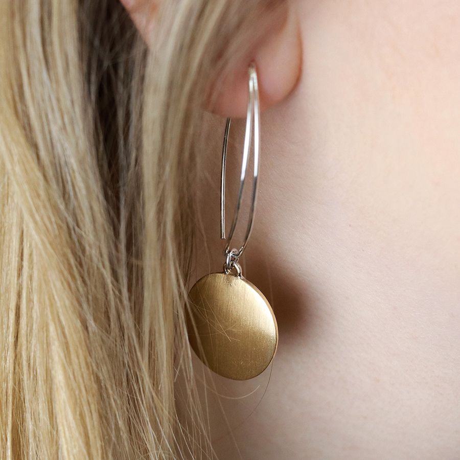Golden Scratched Disc & Silver Wire Earrings