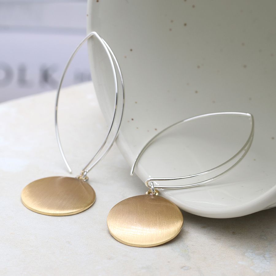 Golden Scratched Disc & Silver Wire Earrings