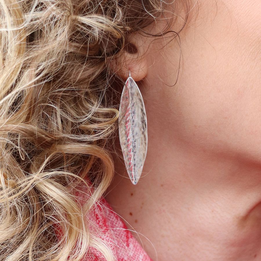 Elegant silver plated long leaf earrings