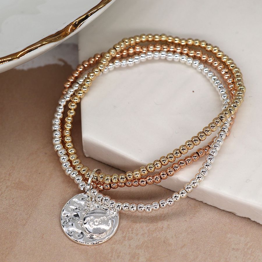 Triple layer mixed metallic and disc charm bracelet 03620