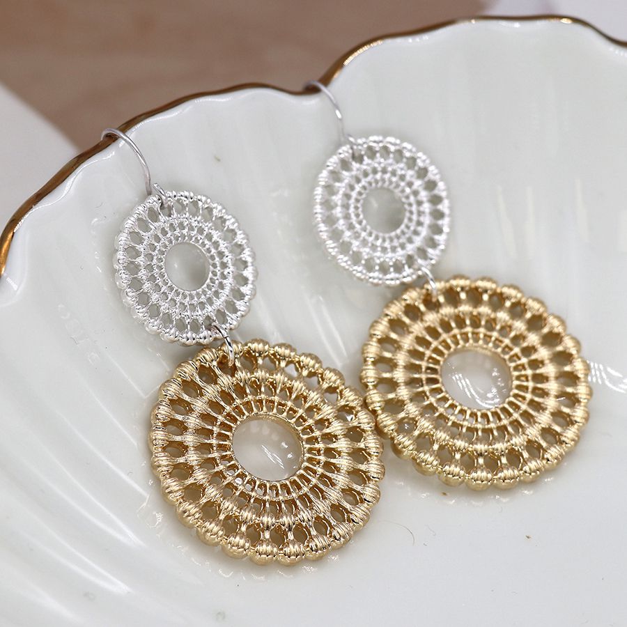 Silver and gold double circle lace earrings