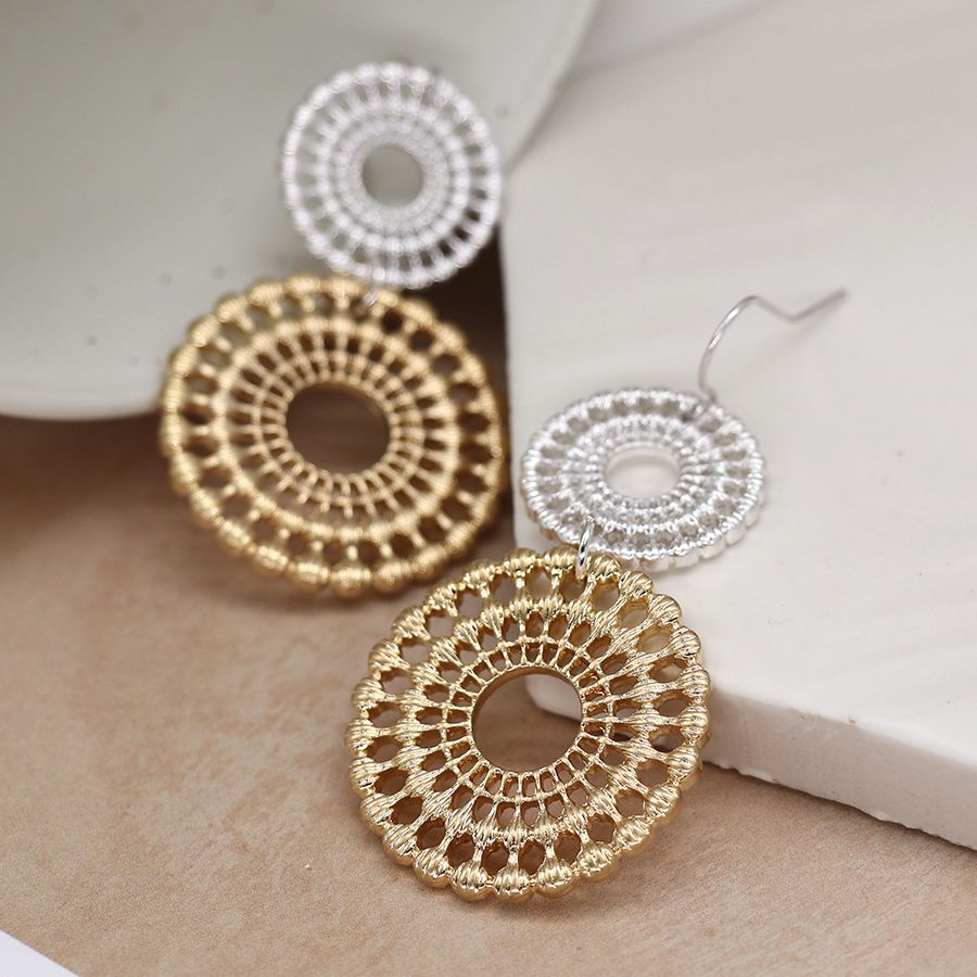Silver and gold double circle lace earrings