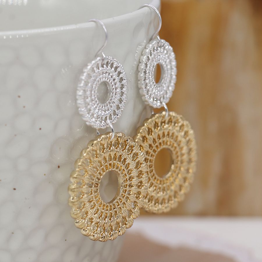 Silver and gold double circle lace earrings
