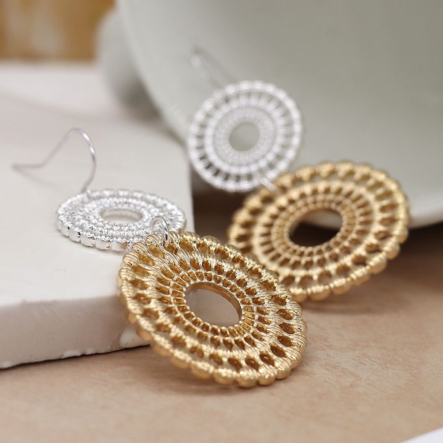 Silver and gold double circle lace earrings