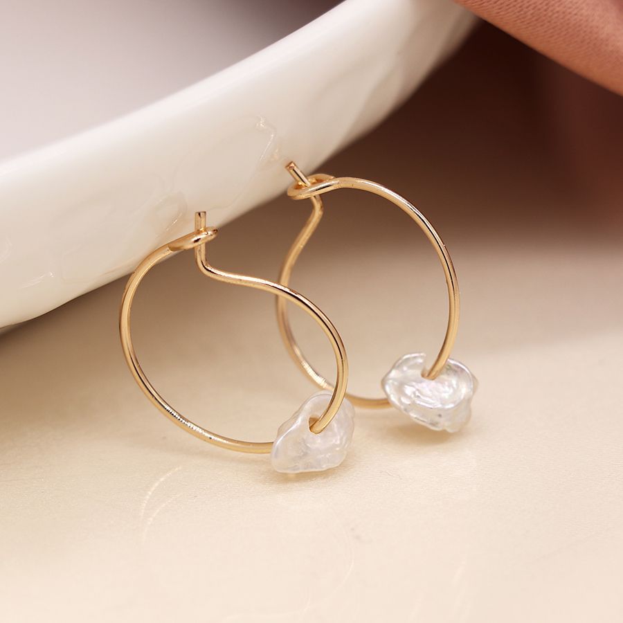 POM - Golden Wire Hoop & Seed Pearl Earrings