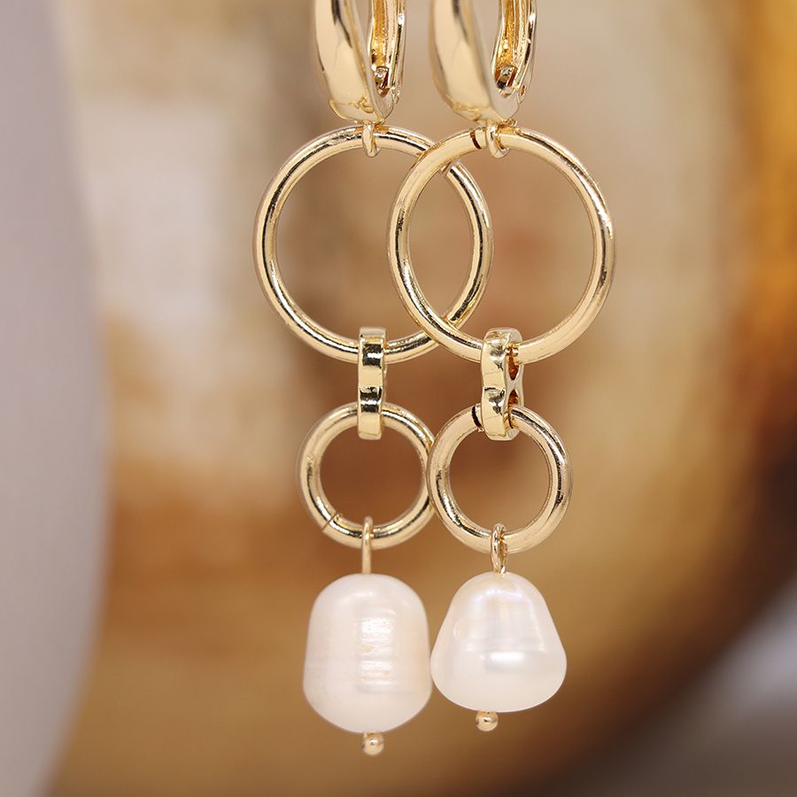 Golden Double Hoop & Pearl Drop Earrings