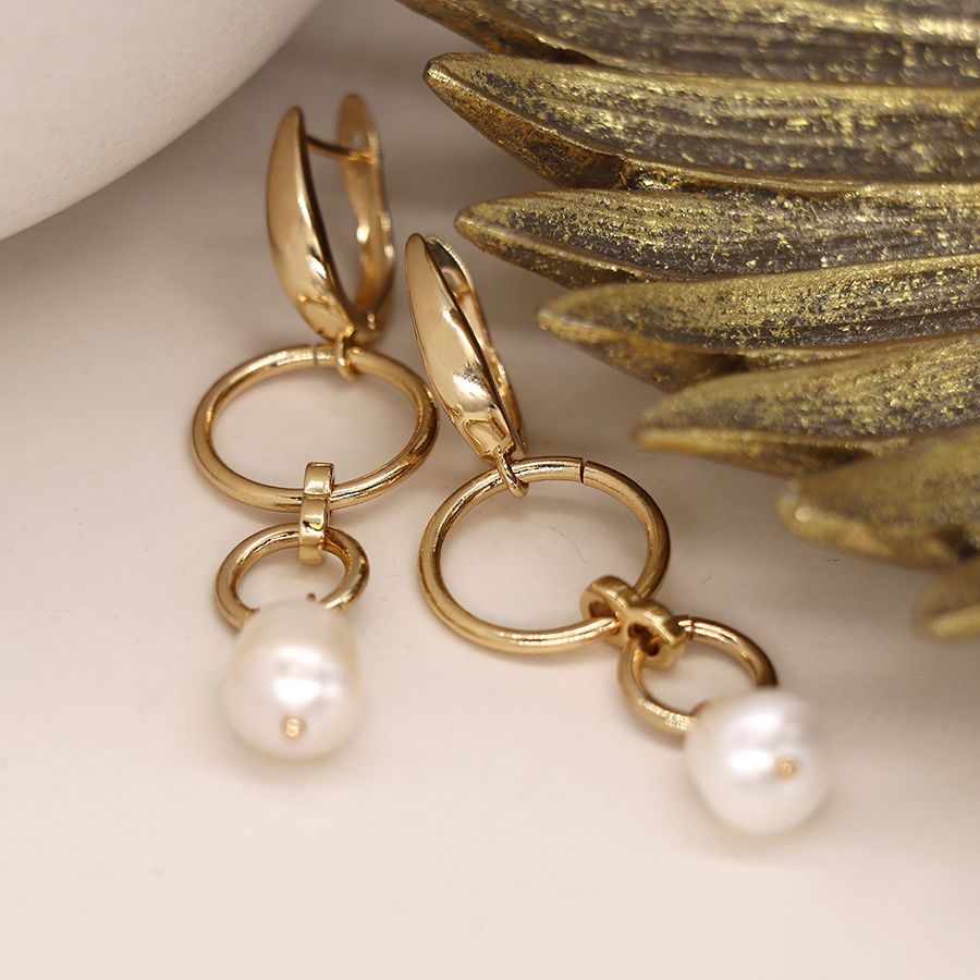 Golden Double Hoop & Pearl Drop Earrings