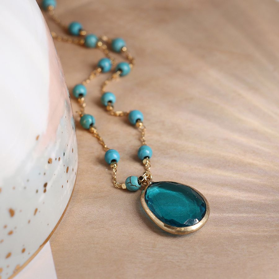 Golden Turquoise Bead Necklace with Teal Crystal Drop