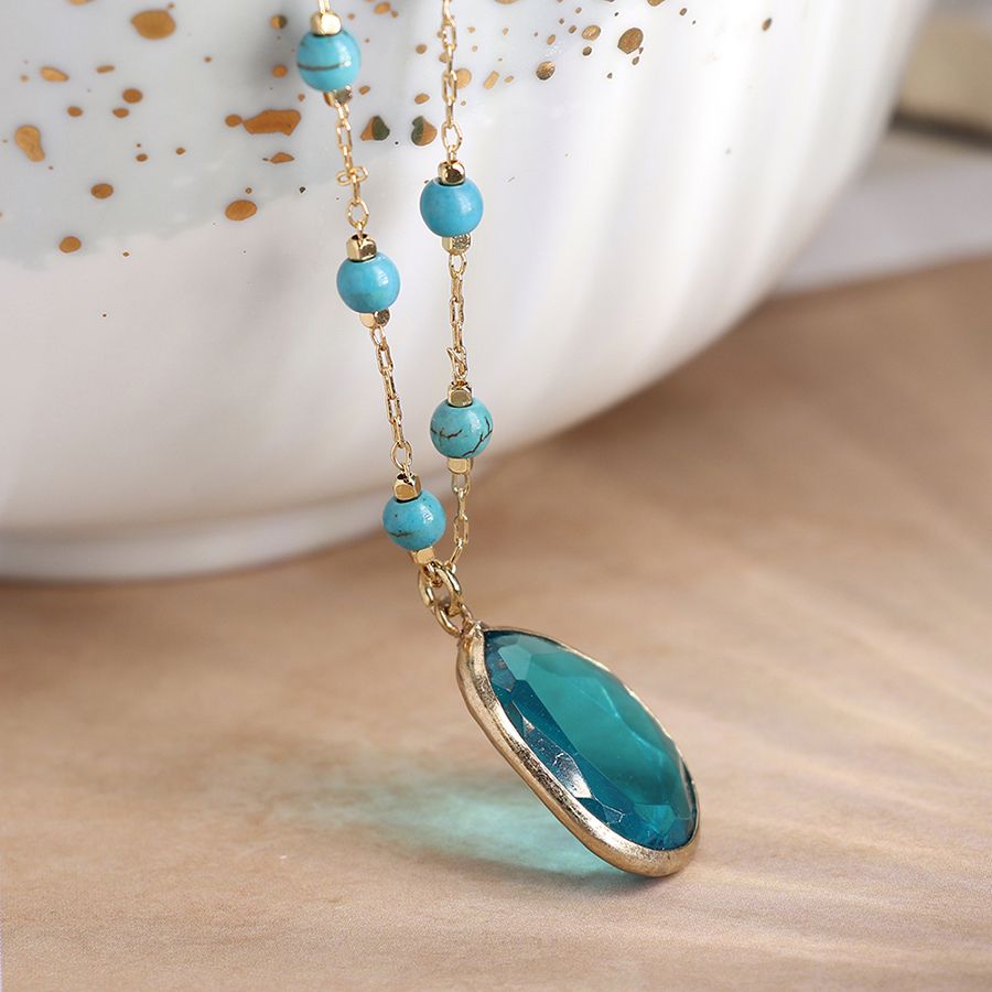 Golden Turquoise Bead Necklace with Teal Crystal Drop