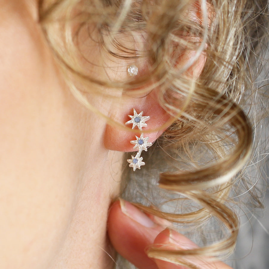 Silver Plated Triple Star Earrings with Blue Crystals