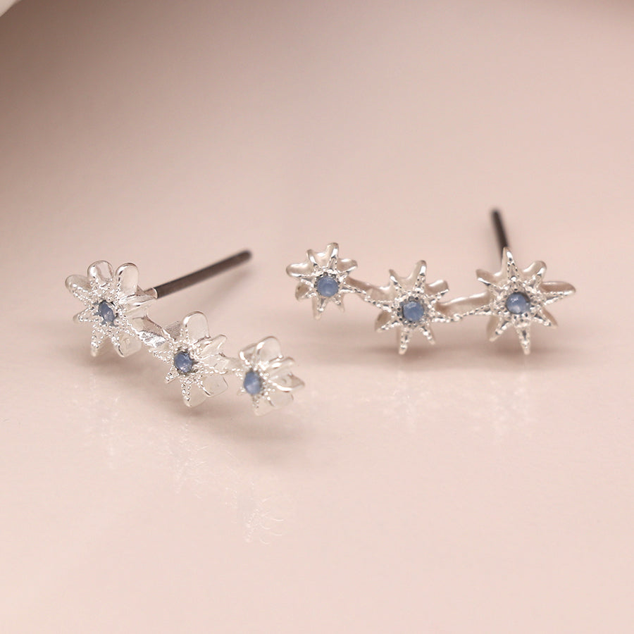 Silver Plated Triple Star Earrings with Blue Crystals