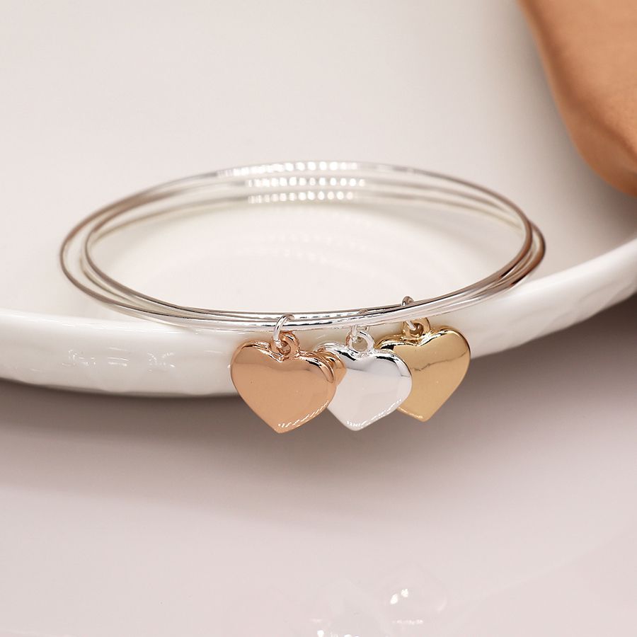 Silver Plated Triple Bangle With Large Mixed Metallic Hearts