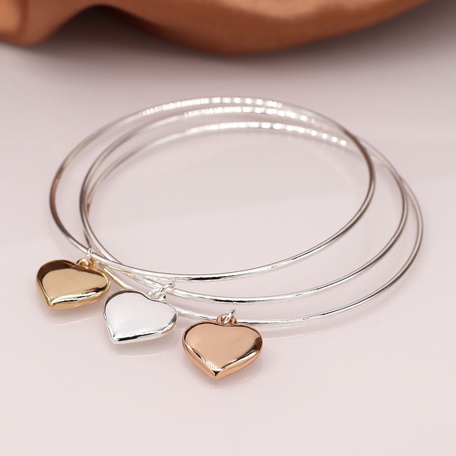 Silver Plated Triple Bangle With Large Mixed Metallic Hearts