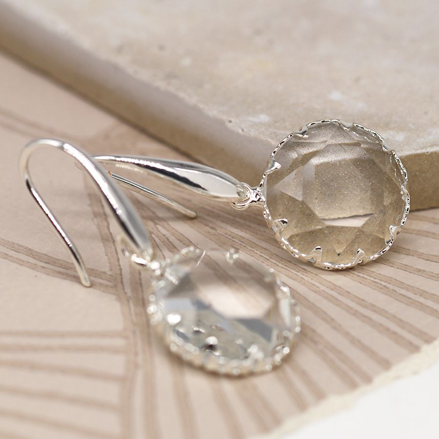 Silver Plated Large Round Faceted Crystal Earrings 03777