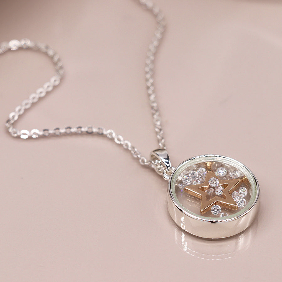 Silver Plated & Inner Golden Star & Crystals Necklace