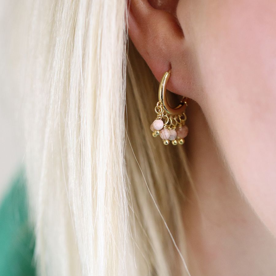 Gold Plated Hoop Earrings with Rhodonite Beads