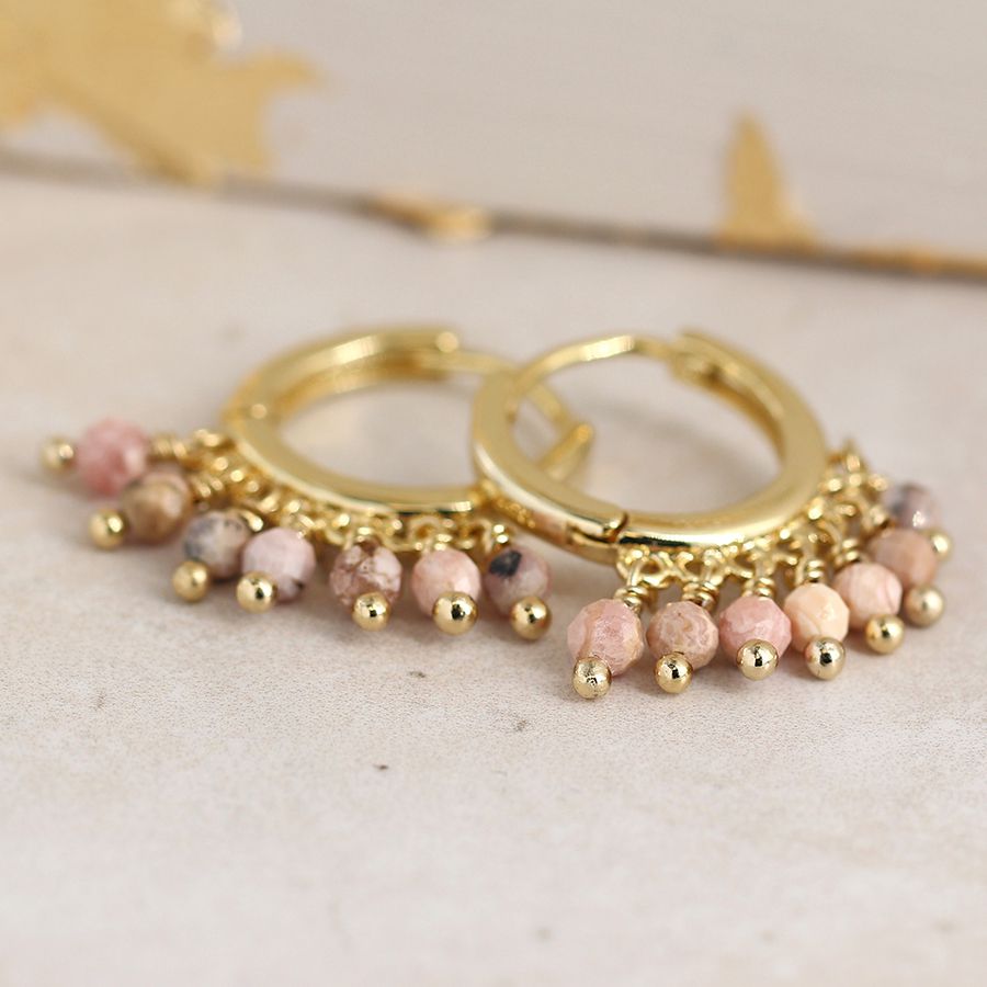 Gold Plated Hoop Earrings with Rhodonite Beads- 03808