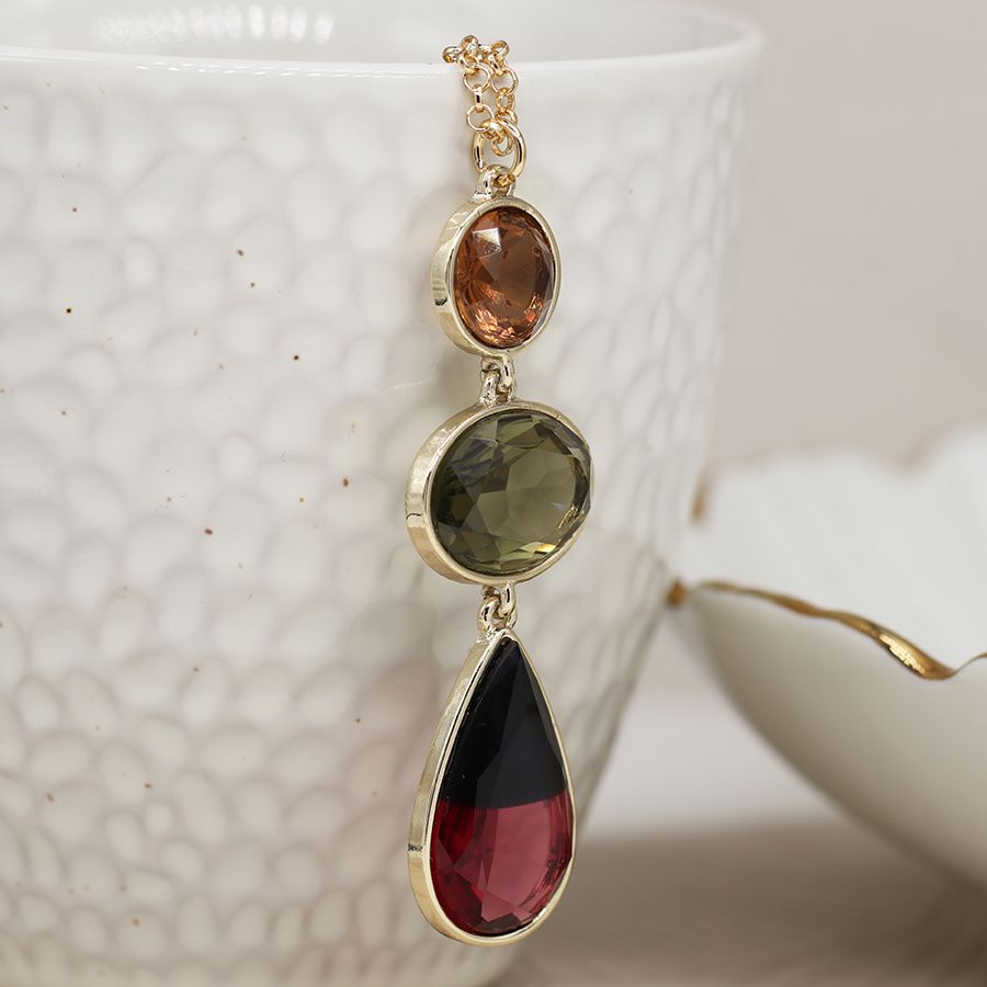 Golden Triple Red, Green & Amber Stone Necklace
